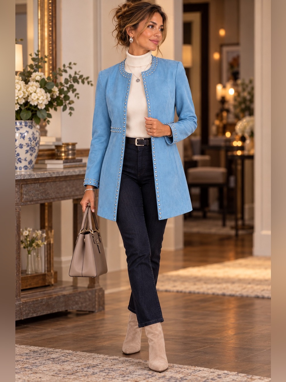 Frank Lyman Blue Faux Suede Studded Long Jacket Silver Detail Size M